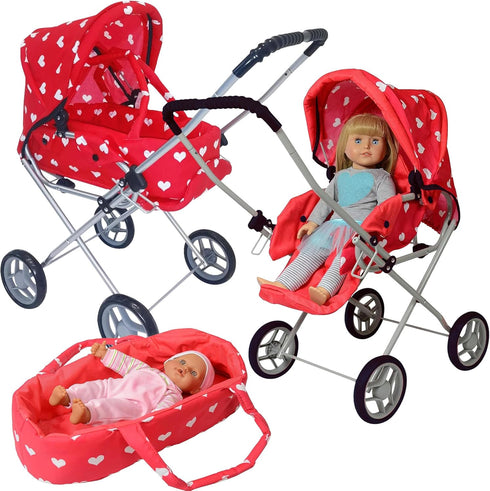 Baby Doll Stroller Play Set, 3-in-1 Babydoll Stroller with Removable Bassinet Baby