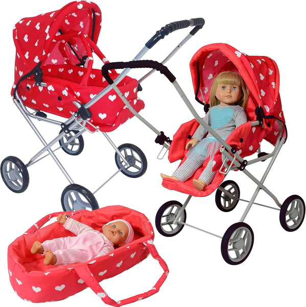 Baby Doll Stroller Play Set, 3-in-1 Babydoll Stroller with Removable Bassinet Baby