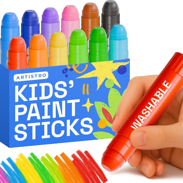 ARTISTRO 100% Washable Tempera Paint Sticks for Kids - 12 Non-toxic Paint