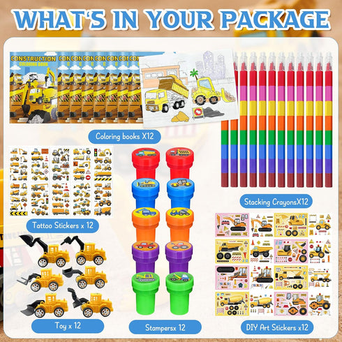 72 Set Cinrobiye Pcs Construction Party Favors Truck Car Coloring Books with Stacking Crayons Bulk Engineering Vehicle