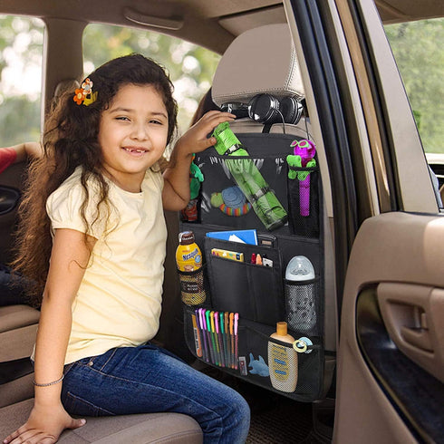Car Backseat Organizer with 10" Table Holder, 9 Storage Pockets, Seat Back Protectors for Kids, Travel Accessories, 2