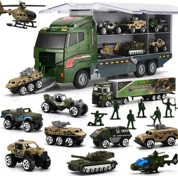 26 Pcs Military Truck with Soldier Men Set(2 in 1), Mini Die-cast