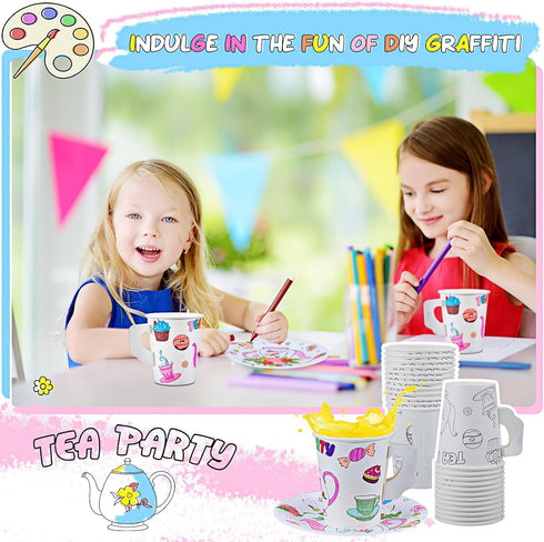 24 Set 8 oz Lenwen Color Your Own Tea Party Cups with Handle, DIY Coloring Treat Paper Cups and Plates Snack Dessert