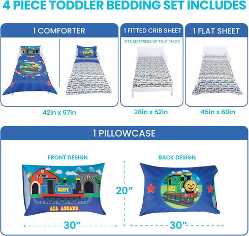 4-Piece Set Todays Kids Choo Choo Train Toddler Bed Sheets for Boys - Toddler Boy Bedding Crib Size, Reversible