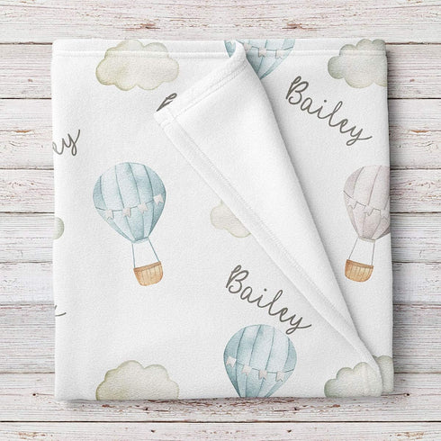 Lovable Gift Co Hot Air Balloons Personalized Baby Receiving Swaddle Blanket, Blue