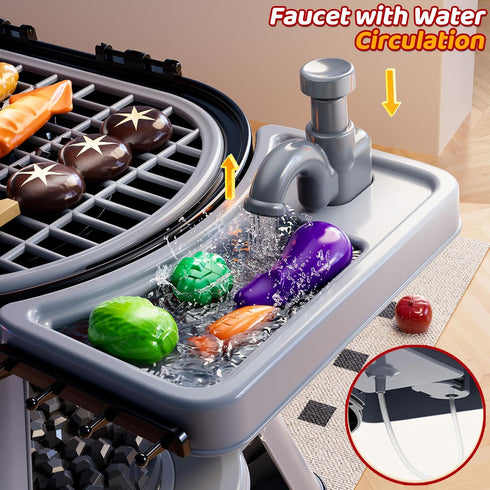 Playset 3-5, 2-Layer Set, Kids Grill for Toddlers Outdoor BBQ Cooking Toy with Smoke, Lights and Sounds, Backyard