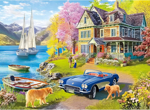 500 Pieces Puzzle for Adults,Lake Vacation Puzzle,House and Dogs Landscape Jigsaw Puzzles
