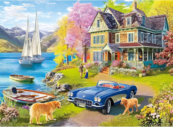 500 Pieces Puzzle for Adults,Lake Vacation Puzzle,House and Dogs Landscape Jigsaw Puzzles