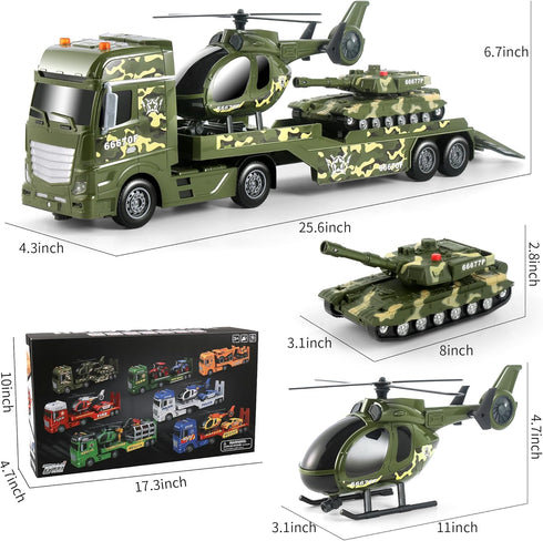 Toys,25.6" 2 3 4 5 Dwi Dowellin Green Military Big Truck Semi Truck Toy with Helicopters and Tank,Army Toys with Lights