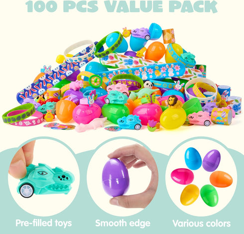 100 JOYIN Pcs Prefilled Easter Eggs With Assorted Toys Plus Stickers Inside, Stuffed Eggs with Diverse toys for Easter