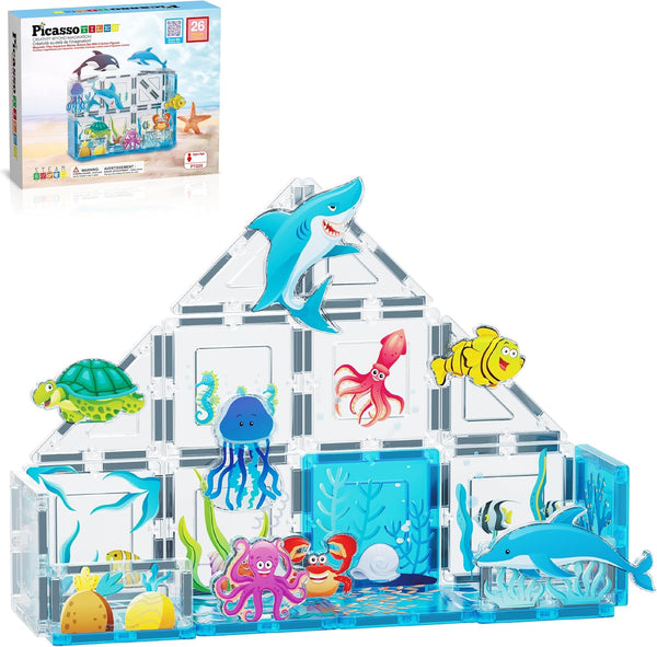 PicassoTiles Magnetic Tiles Magnet Tile Building Blocks Marine Animal World Themed Set