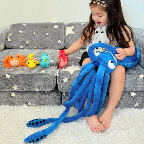 5Pcs 41.3" Giant Squid Stuffed Animal with Small Marine Clownfish,Crab, Seahorse, Angler Fish Baby Plush Toys, Adorable