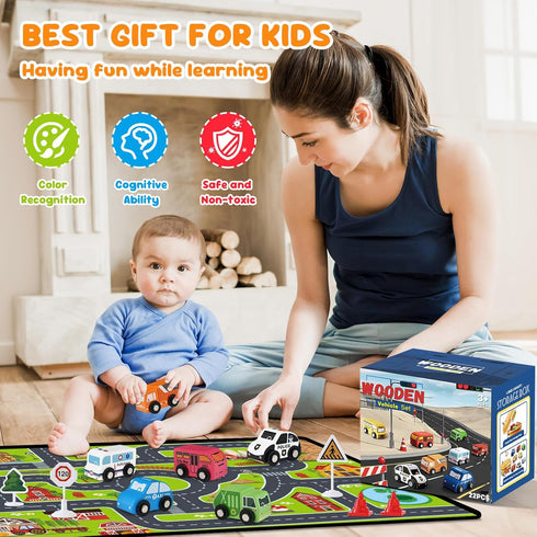 22 Set Toddler Car Toys, Toy Cars for Toddlers, Wooden Cars Toys for Toddler Boy, PCS Cars and Trucks Toy Vehicles