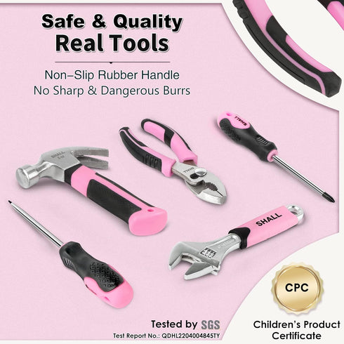 26-Piece Set, 12" 6+, SHALL Kids Size Tool Pink Real Tools for Kids with Tool Bag, Safety Certified Children Learning