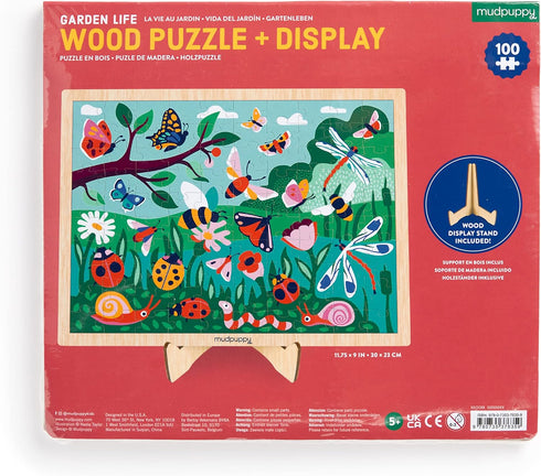 Mudpuppy Garden Life 100 Piece Wooden Puzzle with Display Stand, Bright Illustrations of Scenic Garden for Kids