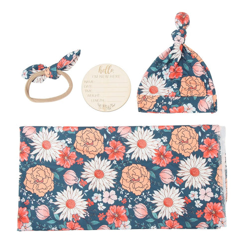 Set Cozy 4) Vibrant Floral Print Newborn Swaddle Blanket with Hat and Headband, and Breathable, for Boys and Girls