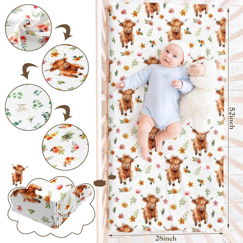 Croknit 4 Pack 52" 28" x Changing Pad Cover for Boys Girls Highland Cow Eucalyptus Leaf Floral Pattern Neutral Nursery