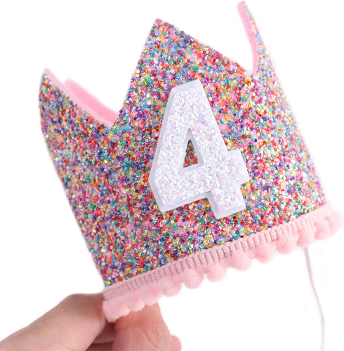 Rainbow Crown - 4th Birthday Party Glitter Crown, Kids Birthday Hats, Baby Photo Props, Little Girls Hair Accessories
