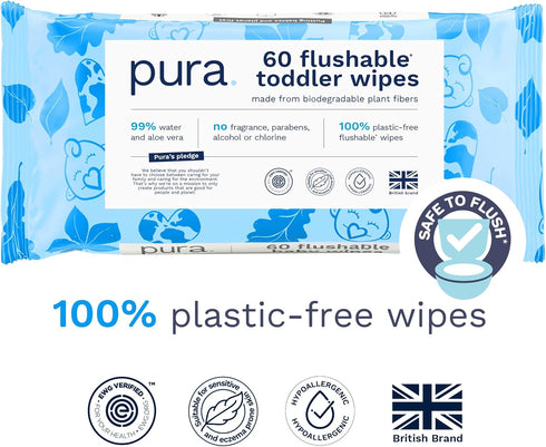 1 60 100% 99% Pura Flushable Toddler Wipes x Wipes, Plastic Free, Water, Hypoallergenic & Fragrance Free, Totally