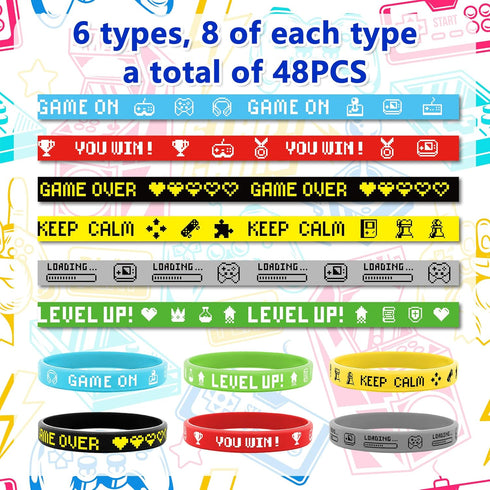 48 PCS Video Game Silicone Wristbands, Party Supplies for Kids Birthday with 6 Styles