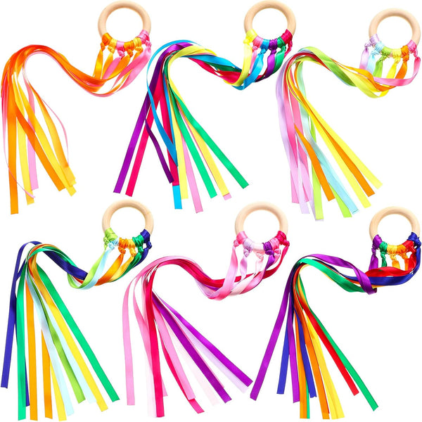 6 Pieces Ribbon Hand Kite Montessori Toy, Creative Waldorf Toy with Wood Ring, Bright Colors for Birthday Party