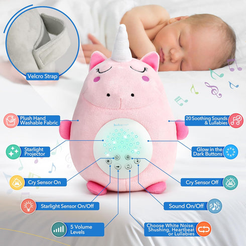 Bubzi Co Sound Machine, Portable Unicorn Soother & Night Light Projector, Comforting Electronic Infant Toddler Sleep