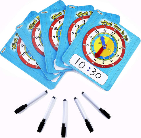 Time Learning Analog Clock for Kids - Pack of 5 (7 x 8 Inches) with 5 Erasable Markers