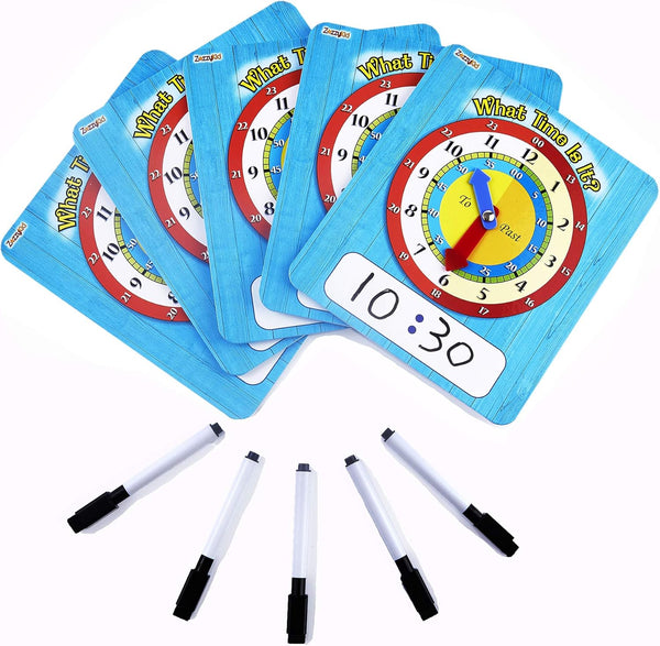 Time Learning Analog Clock for Kids - Pack of 5 (7 x 8 Inches) with 5 Erasable Markers