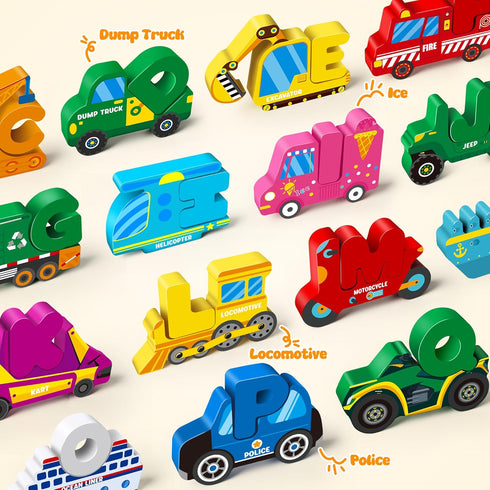 52 Vanmor Wooden Vehicle Alphabet Puzzle for Toddlers, Traffic ABC Letter Sight Words Matching Game with Blocks