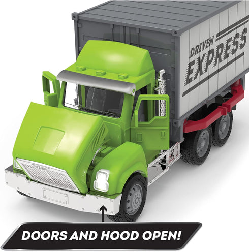 Driven by Battat Micro 1:24 Scale Toy Container Truck with Lights & Sounds for Kids - Realistic Delivery Truck