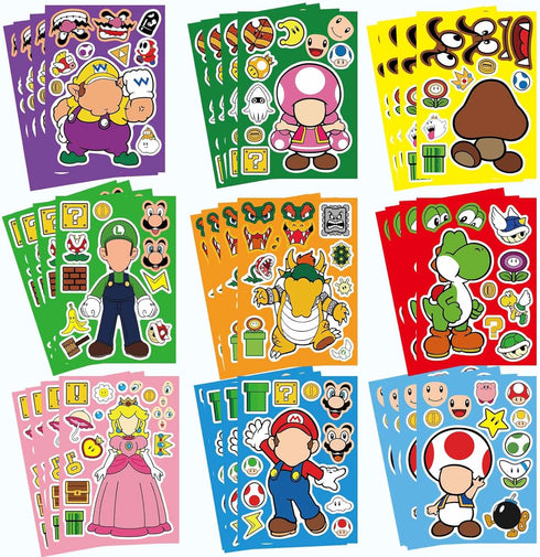 36 Sheets Mario Make a Face Stickers, DIY Cartoon Crafts for Kids Birthday Gifts and Party Favors