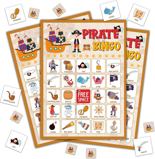 Pirate Bingo Game, Party Games Bingo Cards for Adults, School and Birthday Party Favors, 24 Players Bingo Game