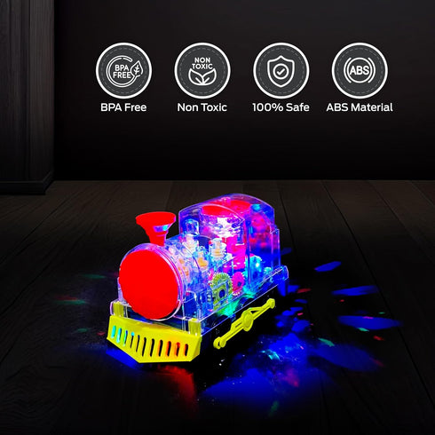 Music Train Toy with LED Light - Colorful Moving Transparent Gears for Kids, Tummy Time Crawling Baby Toys