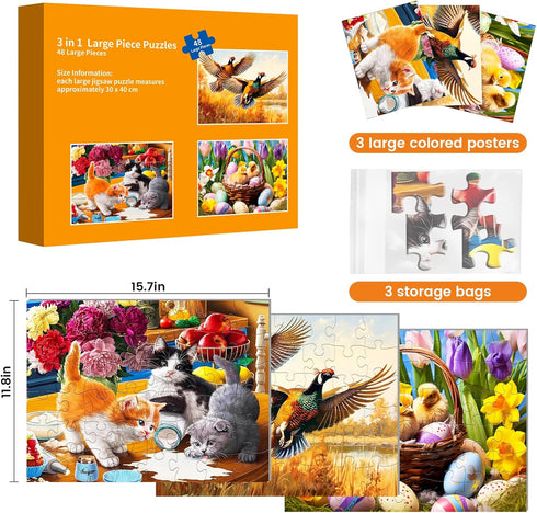 3 Pack 48 Large Piece Puzzles for Seniors, Dementia Activities, Kittens, Chicks, Birds Gift for Elderly Adults