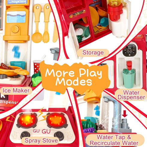 Drmukie Set Playset 3 4 5 Upgrade Toy Kitchen for Kids Toddlers Mini Kitchen with Spray Sink & Realistic Lighting