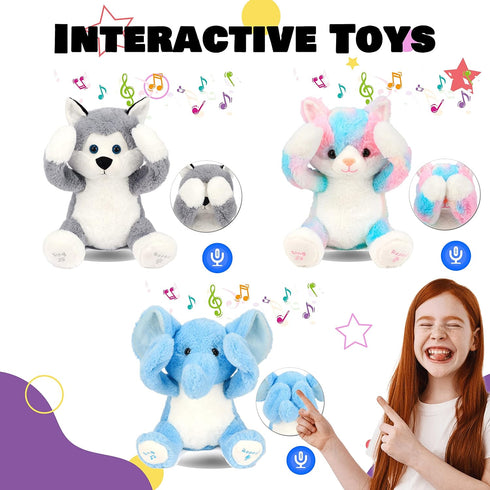 Hopearl Peek A Boo Husky Interactive Plush Dog Toy, Musical Singing Talking Stuffed Animal, Gray, 11.5''.