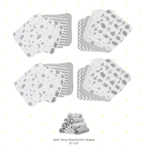 20-Piece Set Spasilk Washcloth for Newborn Boys and Girls, Soft Terry Baby Washcloths, Baby Essentials, Gray Celestial