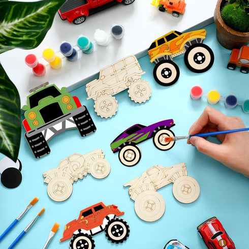 JellyArch 24 Set Pcs Monster Truck Party Favors Unfinished Wooden Truck Painting with Paints Magnets Car Party Favors