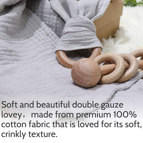 Baby Lovey and Wood Rattle Teether Ring, 3 Pack Montessori Gift, Gray Cotton Double Gauze for Baby Shower