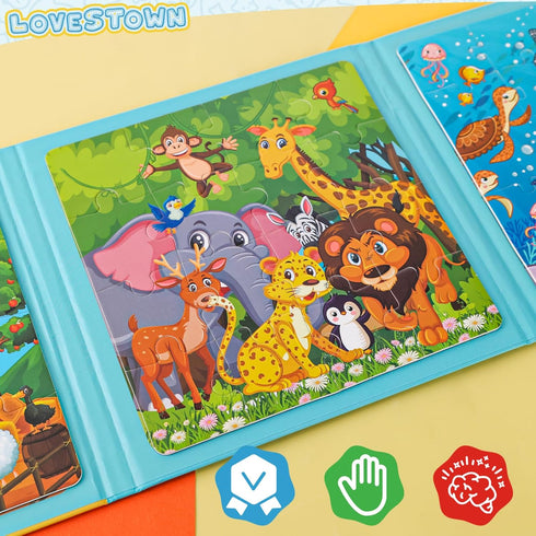 LovesTown Magnetic Travel Puzzles Book - Animal Wooden Magnetic Puzzles for Toddlers Learning on Road Trips