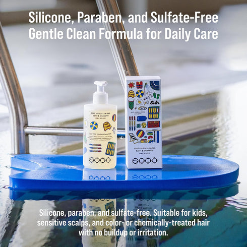 Swimming 2-in-1 Swimming, 10.1oz SOOO Kids Shampoo & Body Wash Tear-Free Gentle Pool Care for Baby & Kids, Removes