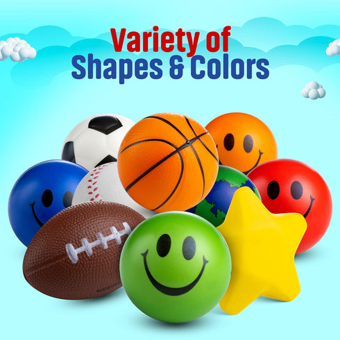 Bulk Mini Stress Balls (25 Pack) 2-3 Inch Soft Squeezable Fidget Toy Balls, Variety of Shapes & Colors for Kids Party