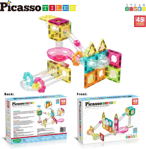 PicassoTiles Magnet Tiles Building Block Travel Size Magnetic Marble Run Construction Toy Set, 45 pc Education Kit