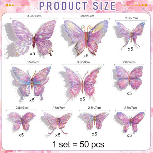 3D 50PCS (2.8"-3.9")- Butterfly Wall Decor - Removable PVC Butterflies Wall Stickers- Multi-Size DIY Removable Wall Art