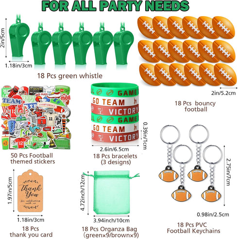 158 Pcs Football Party Favors Set - 18 Keychains, Bracelets, Mini Footballs, Whistles, Stickers & Bags
