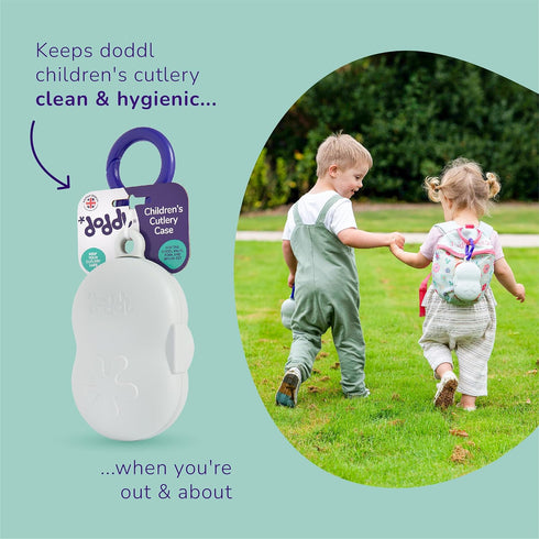 doddl Toddler Travel Utensil Case, Fits Toddler Fork, Spoon and Knife Sets, Clips to Bags & Strollers, Dishwasher Safe