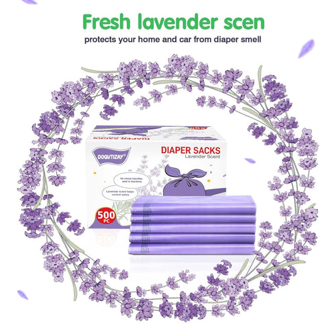 (500 Count) Baby Disposable Diaper Bags Easy-To-Tie Tabs Diaper Sacks with Lavender Scented Diaper Disposal or Pet