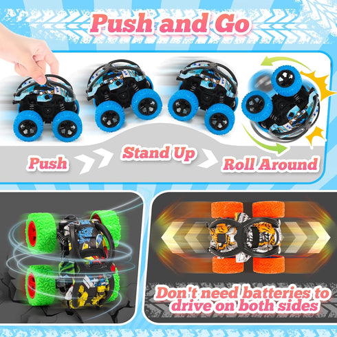 Monster Truck Toys for Boys, 4 Pack Push and Go Flip Stunt Pull Back Cars, Race Cars Party Favors, Birthday Gifts