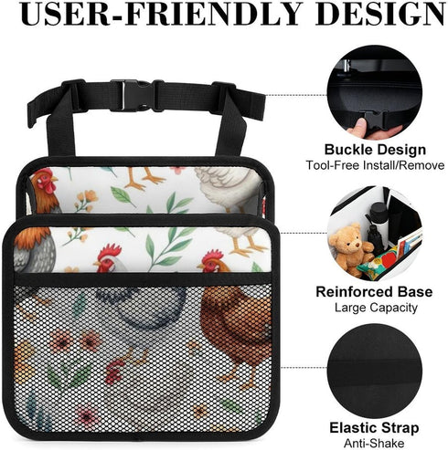 PPIKTC Spacious Hanging Auto Seat Organizer with Ventilated Mesh Pockets for Wet Wipes and Baby Supplies, Chicken