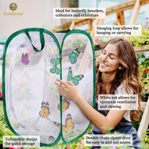 SunGrow Foldable Butterfly Habitat - 24" Cage for Caterpillars, Create Butterfly Farm for Breeding Green